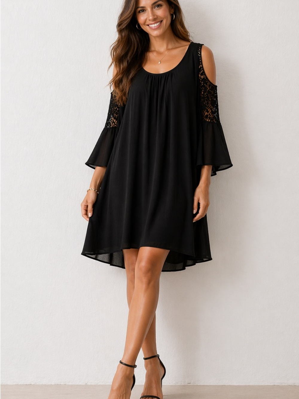 Nina Leonard Black Cold-Shoulder Mini Dress, Size XL